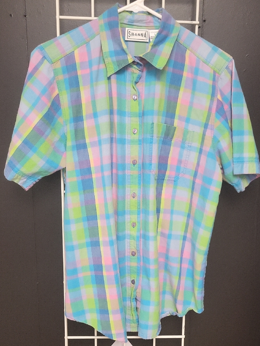 Vtg.  Shanna Women's Pastel Plaid Short-Sleeve Shirt, Large